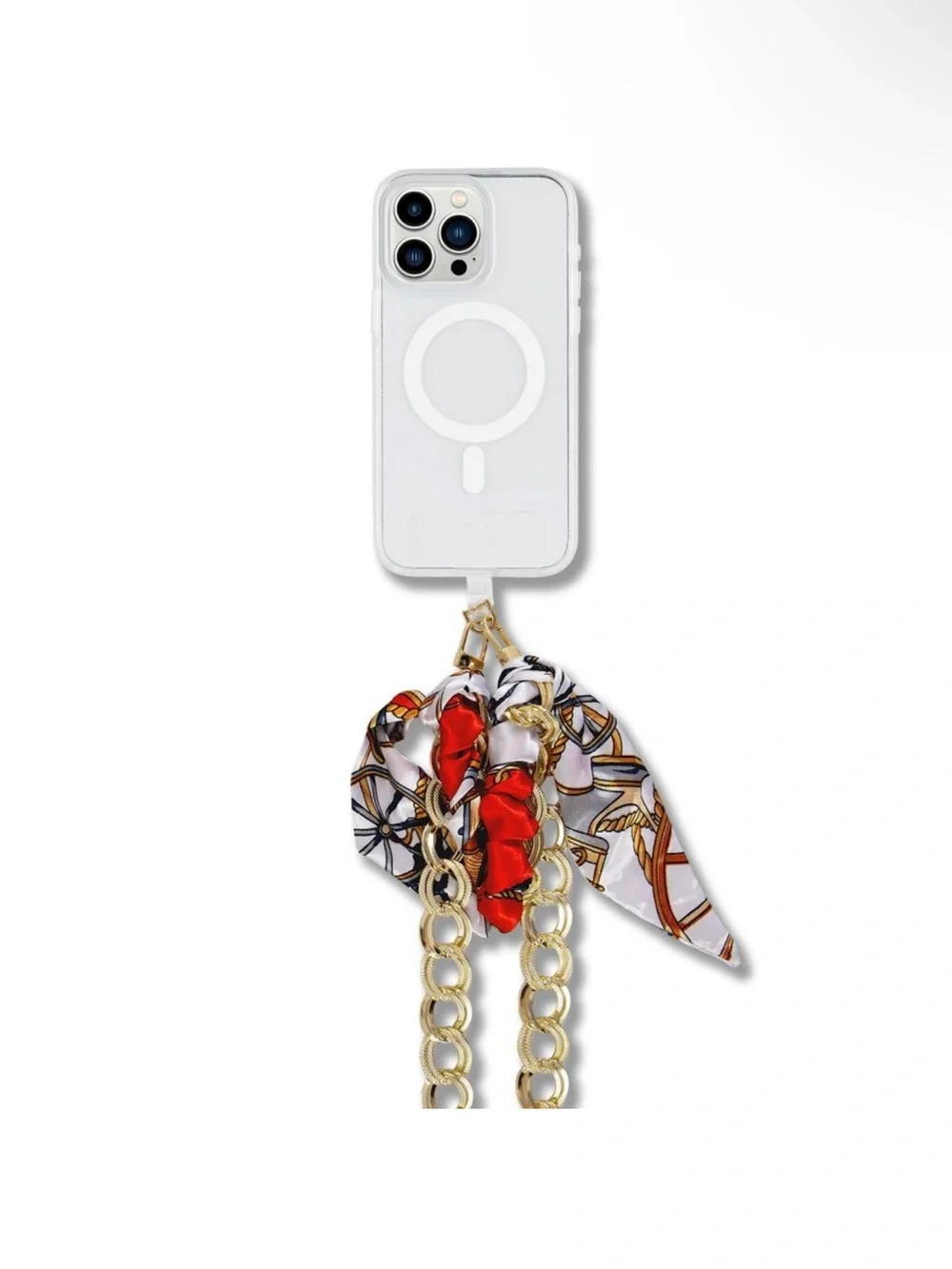 HelloLux Gold Crossbody Chain with Red Patterned Scarf for Phone  *NEW*
